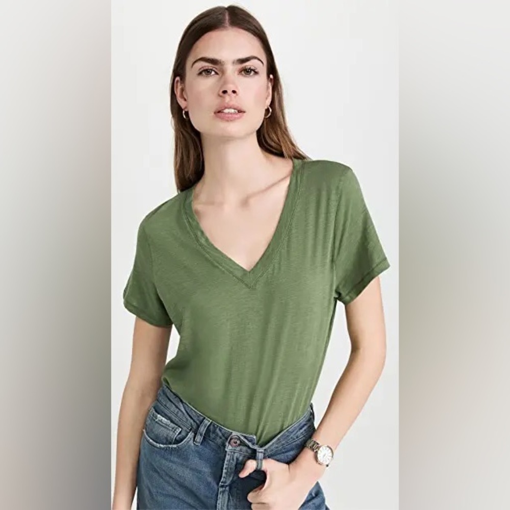 Madewell Whisper Palm Green Cotton V-Neck Top